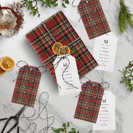 Classic Red Plaid Monogram Merry Christmas Holiday ギフトタグ