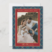 Classic Red Plaid Vintage Wreath Photo Christmas シーズンカード (正面)