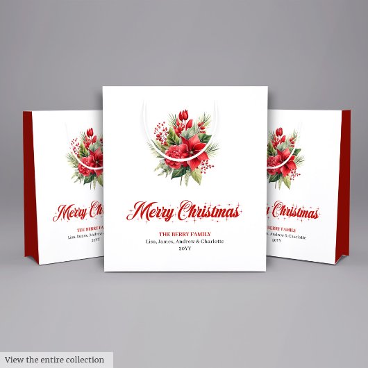 Classic Red Poinsettia Merry Christmas Holiday Bag ミディアムペーパーバッグ