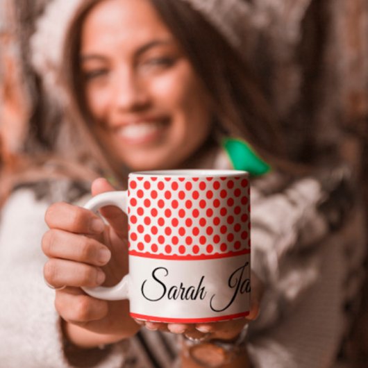 Classic red Polka dots monogram script typography ジャンボコーヒーマグカップ