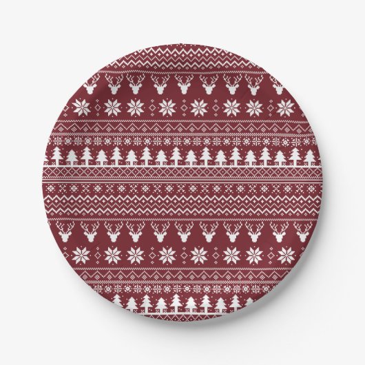 Classic Red Reindeer Christmas Sweater Pattern ペーパープレート (正面)