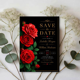 Classic Red Rose Elegant Black and Gold Floral セーブザデート