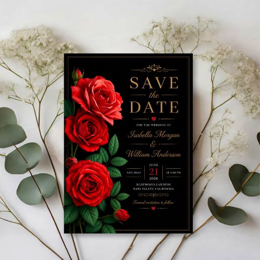 Classic Red Rose Elegant Black and Gold Floral セーブザデート