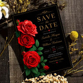 Classic Red Rose Elegant Black and Gold Floral セーブザデート