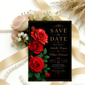 Classic Red Rose Elegant Black and Gold Floral セーブザデート