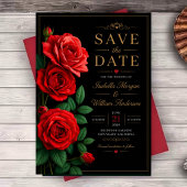 Classic Red Rose Elegant Black and Gold Floral セーブザデート