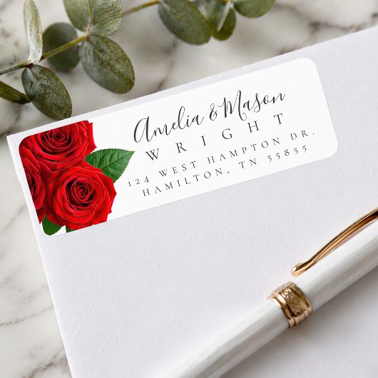 Classic Red Rose Elegant Script Return Address  ラベル