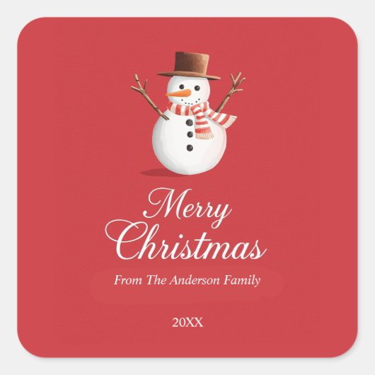 Classic Red Snowman Family Christmas スクエアシール (正面)