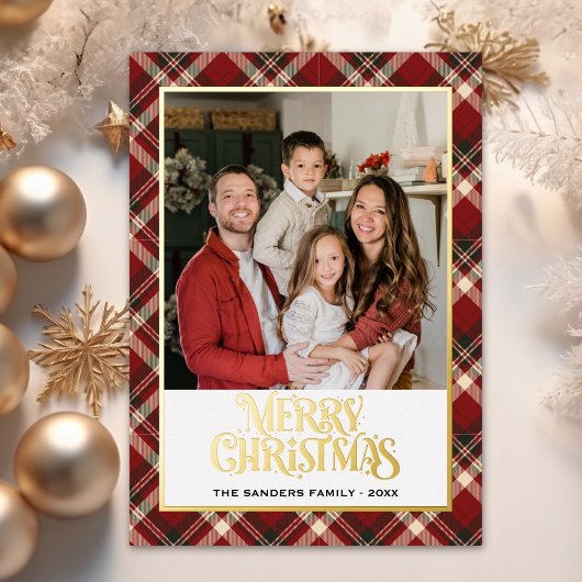 "Classic Red Tartan Christmas Card with Gold Foil  箔シーズンカード