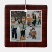 Classic Red Tartan Plaid Family 4 Photo Holiday セラミックオーナメント (裏面)