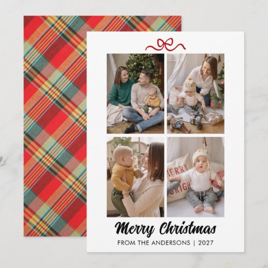 Classic Red Tartan Plaid Hand Lettered Christmas シーズンカード (正面/裏面)