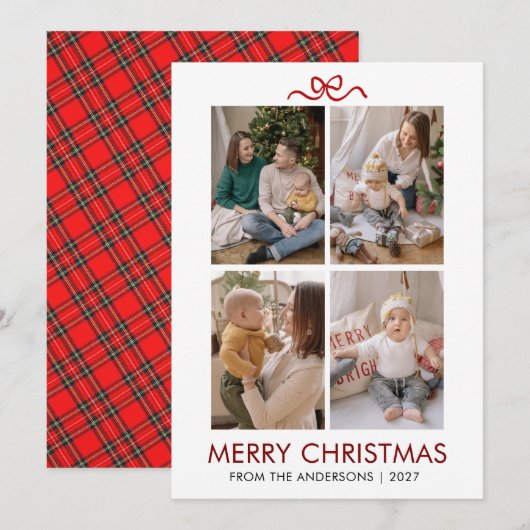 Classic Red Tartan Plaid Multi Photo Christmas シーズンカード (正面/裏面)