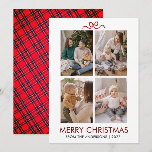 Classic Red Tartan Plaid Multi Photo Christmas シーズンカード (正面/裏面)