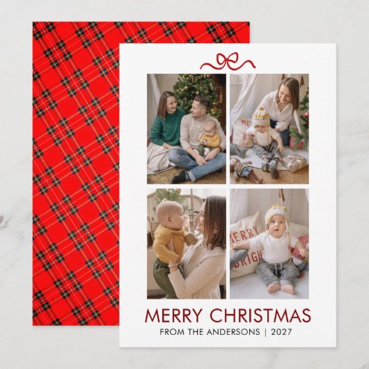 Classic Red Tartan Plaid Multi Photo Christmas シーズンカード (正面/裏面)