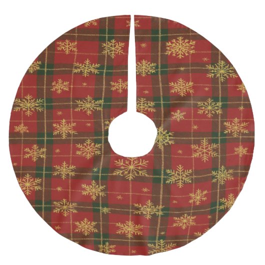 Classic Red Tartan with Golden Snowflakes ブラッシュドポリエステルツリースカート (正面)