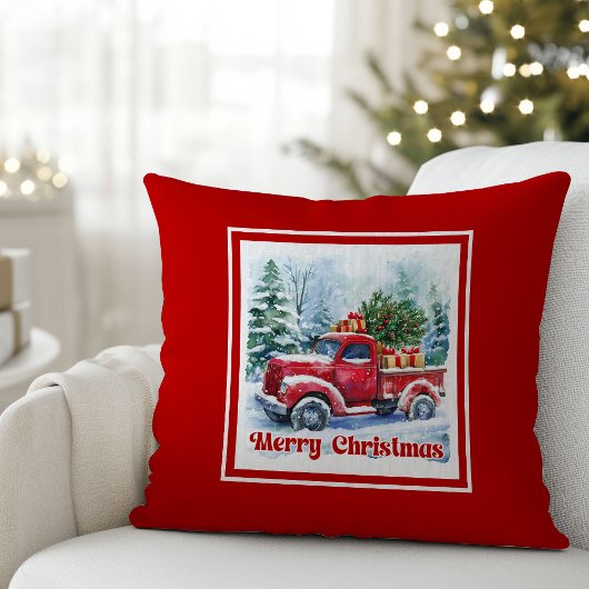 Classic red truck Christmas scene rustic holiday  クッション