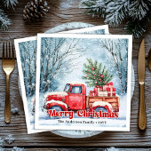 Classic red truck Christmas scene rustic napkins 