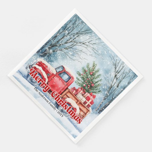 Classic red truck Christmas scene rustic napkins  (コーナー)