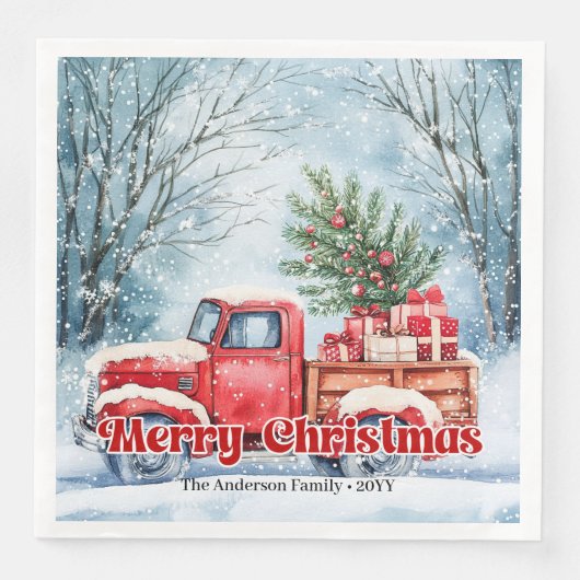 Classic red truck Christmas scene rustic napkins  (正面)