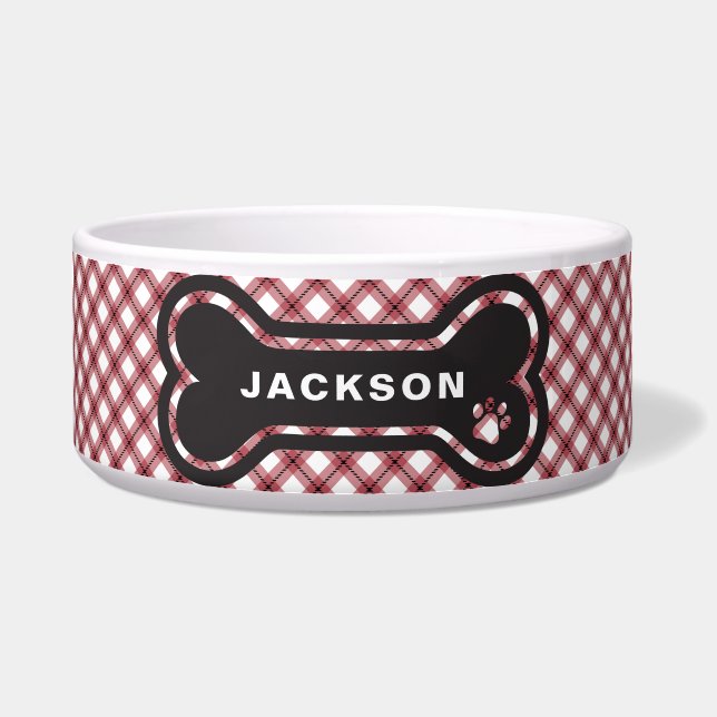 Classic Red & White Argyle Plaid Dog Bone ボウル (正面)