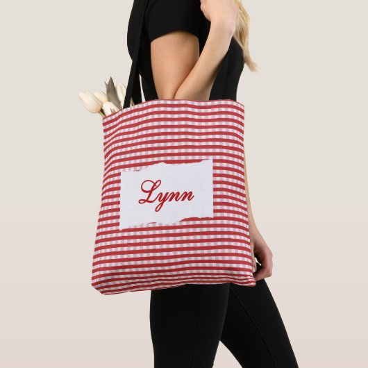 Classic Red & White Gingham | Personalized Name トートバッグ (クローズアップ)
