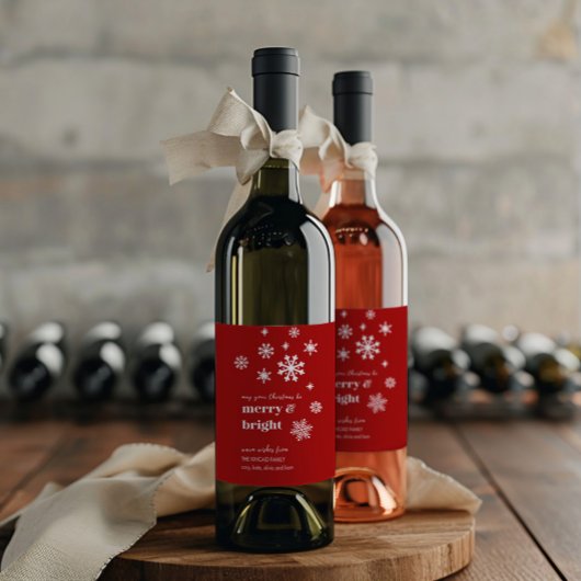Classic Red & White Snowflake Holiday Wine Label ワインラベル