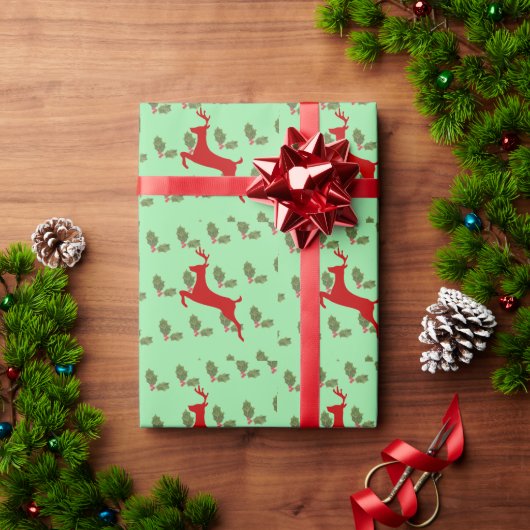 Classic Reindeer & Holly Christmas Wrapping Paper  ラッピングペーパー (クリスマスギフト)