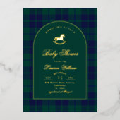 Classic Rocking horse Green Plaid Baby Shower 箔招待状 (正面)
