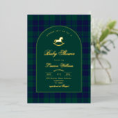 Classic Rocking horse Green Plaid Baby Shower 箔招待状 (立ち正面)