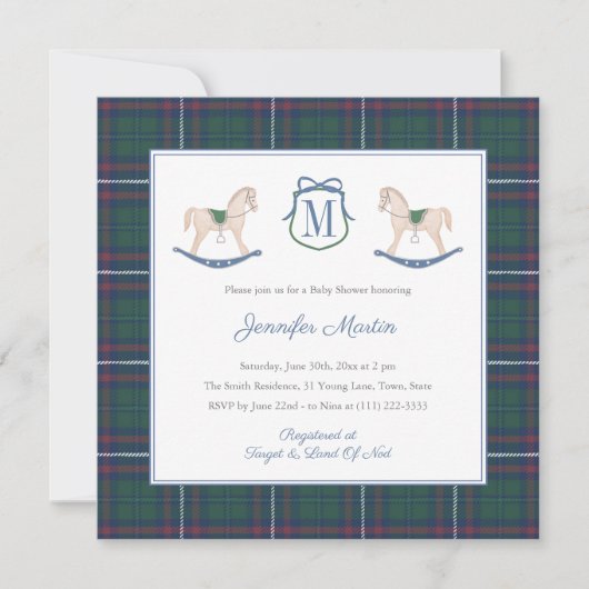 Classic Rocking Horse Tartan Winter Baby Shower 招待状 (正面)