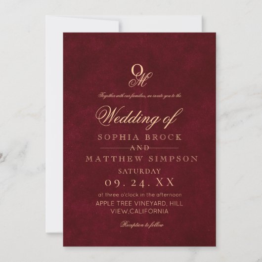 Classic Romantic Minimal Burgundy Monogram Wedding 招待状 (正面)