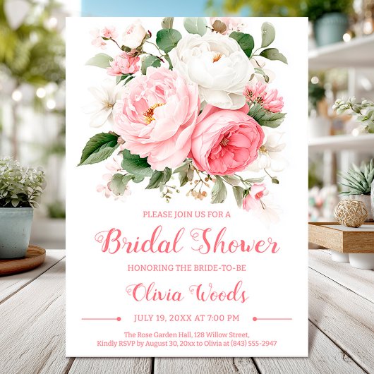 Classic romantic peony bouquet bridal shower card 招待状