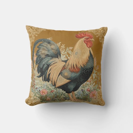 Classic, Rooster and Flowers Pattern, Vintage クッション (正面)