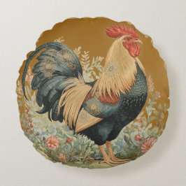Classic, Rooster and Flowers Pattern, Vintage ラウンドクッション