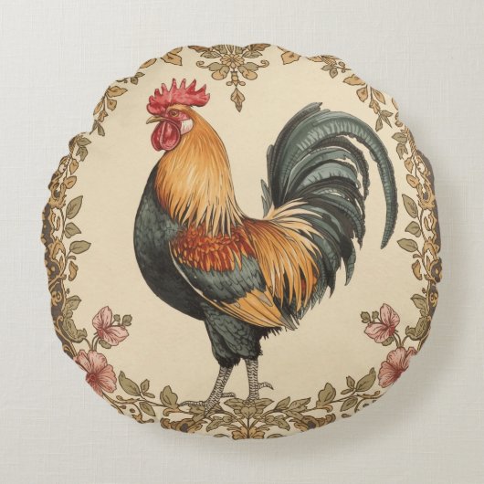 Classic,Rooster , Flowers Pattern, Vintage ラウンドクッション (正面)