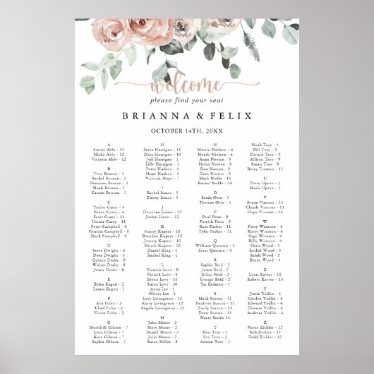 Classic Rose Floral Alphabetical Seating Chart ポスター (正面)