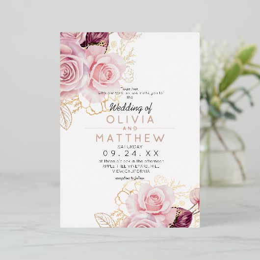 Classic Rose Gold Blush Flora Wedding  Foil  箔招待状 (立ち正面)