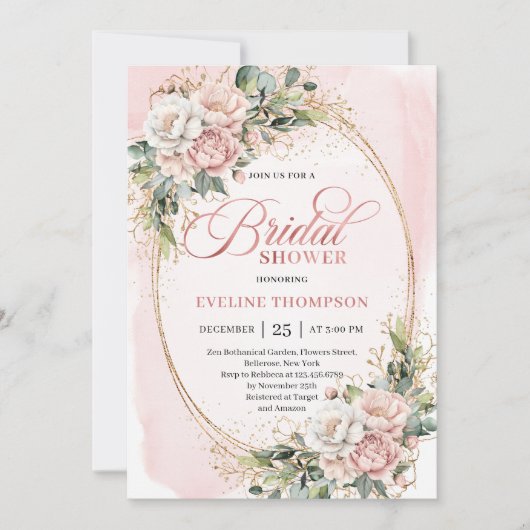 Classic Rose Gold Eucalyptus Bridal Shower Invite 招待状 (正面)