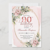 Classic Rose Gold Floral Greenery 90th Birthday  招待状 (正面)