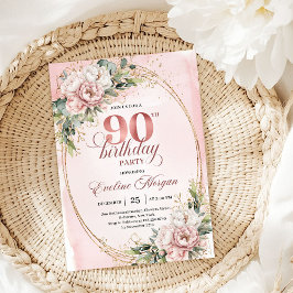 Classic Rose Gold Floral Greenery 90th Birthday  招待状
