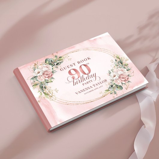 Classic Rose Gold Floral Greenery 90th Guest Book ゲストブック