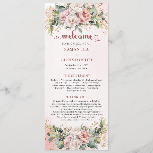 Classic Rose Gold Floral Greenery Wedding Program プログラム (正面)