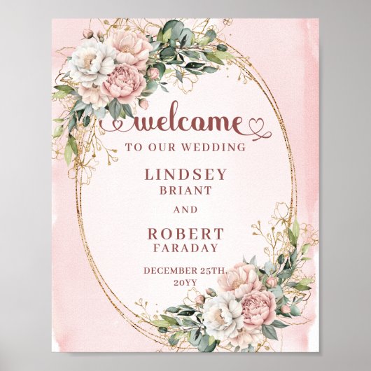 Classic Rose Gold Floral Greenery Welcome Wedding ポスター (正面)