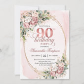 Classic Rose Gold Greenery 90th Birthday Invite 招待状 (正面)