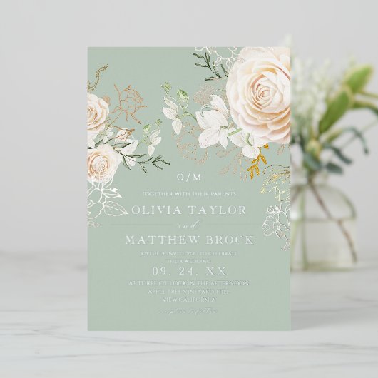 Classic Roses Floral Sage Garden Wedding Foil 箔招待状 (立ち正面)