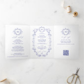 Classic royal blue French floral QR code wedding 三つ折り招待状 (内部)