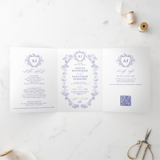 Classic royal blue French floral QR code wedding 三つ折り招待状 (内部)