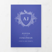 Classic royal blue French floral QR code wedding 三つ折り招待状 (カバー)