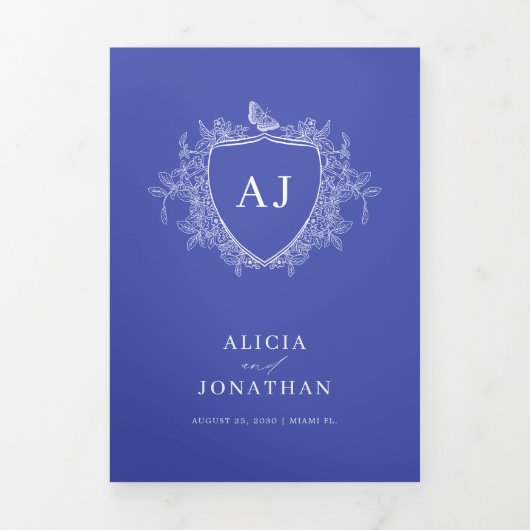 Classic royal blue French floral QR code wedding 三つ折り招待状 (カバー)