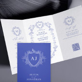 Classic royal blue French floral QR code wedding 三つ折り招待状